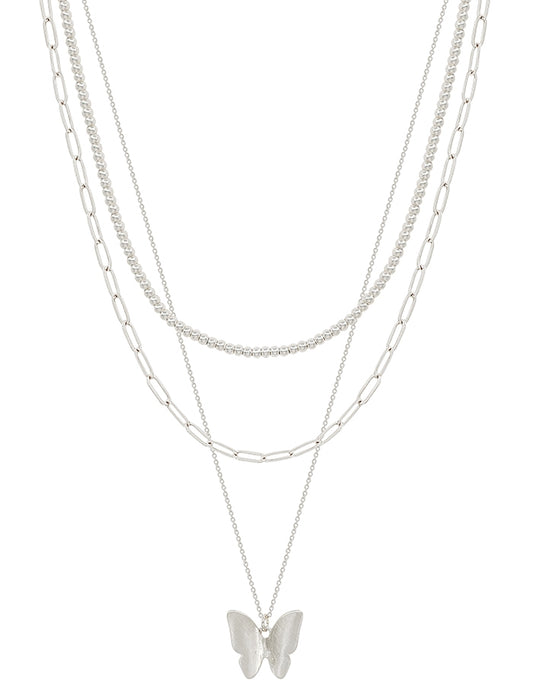 Matte Silver Butterfly Layered Necklace