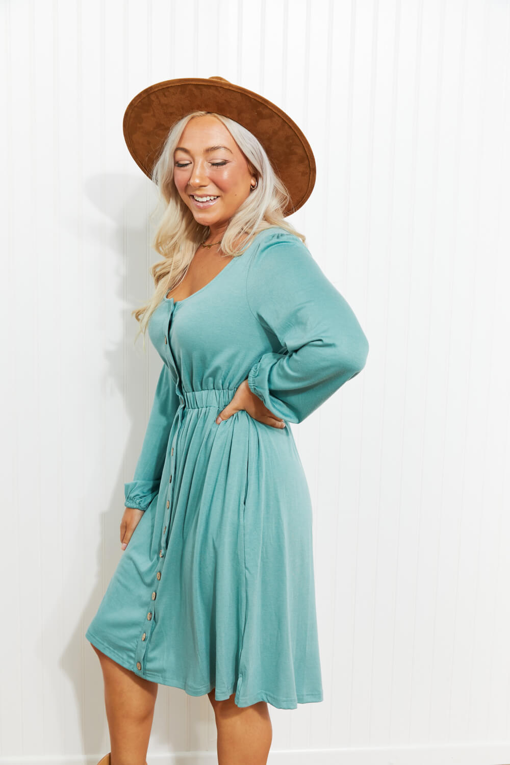 *App Exclusive* Scoop Neck Empire Waist Long Sleeve Mini Dress