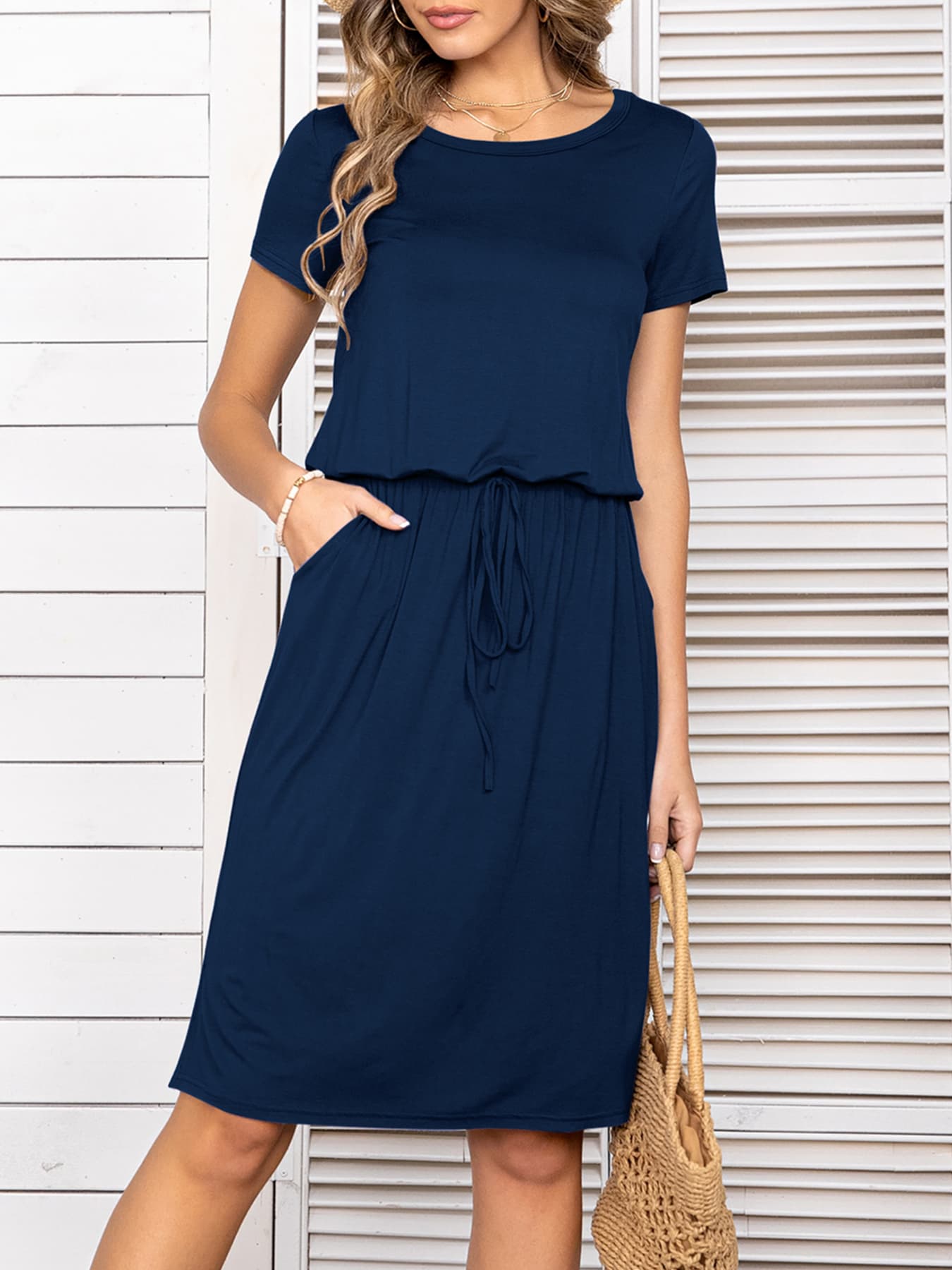 *APP EXCLUSIVE* Round Neck Short Sleeve Slit Dress with Pockets