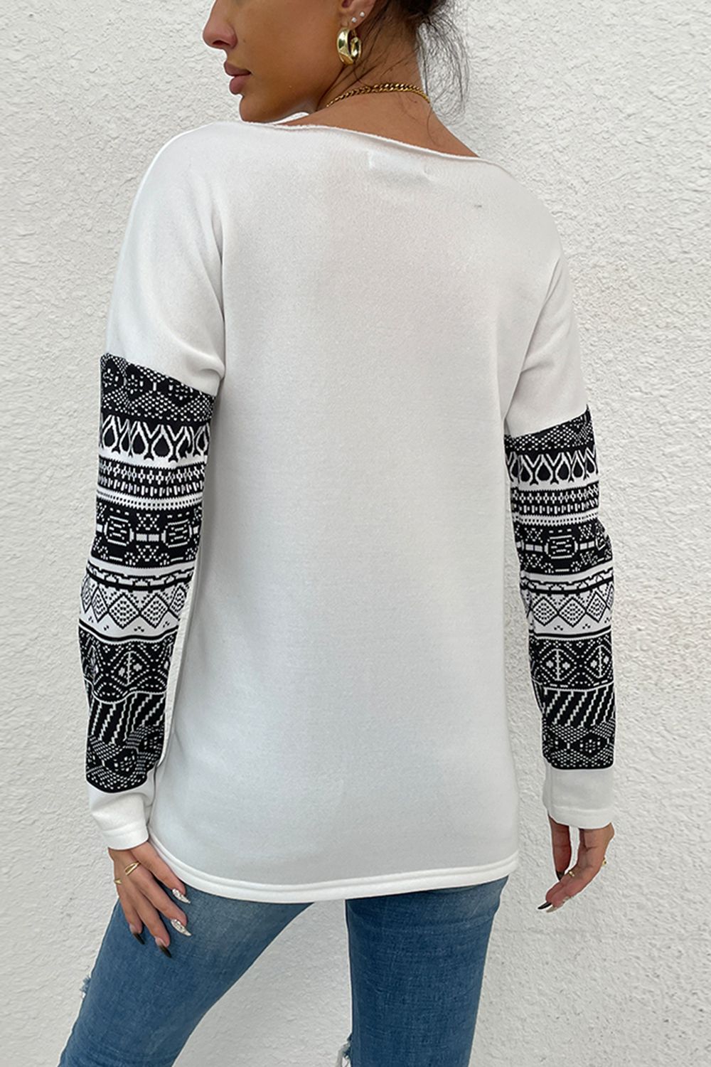 * APP EXCLUSIVE* Boat Neck Long Printed Sleeve Blouse
