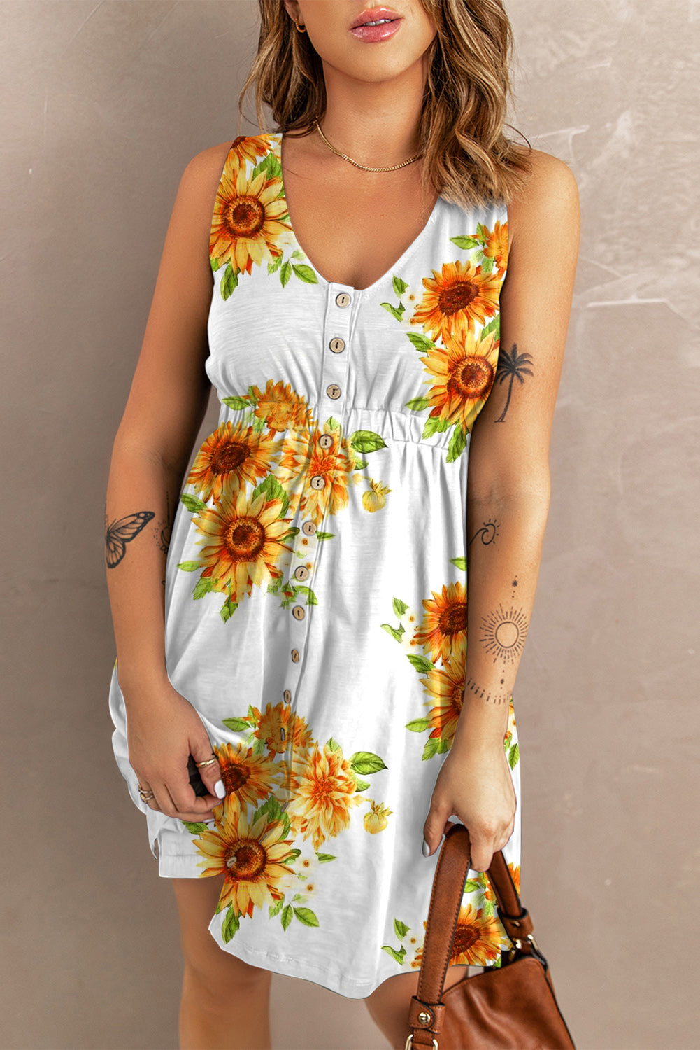 *App Exclusive* Sunflower Print Button Down Sleeveless Dress