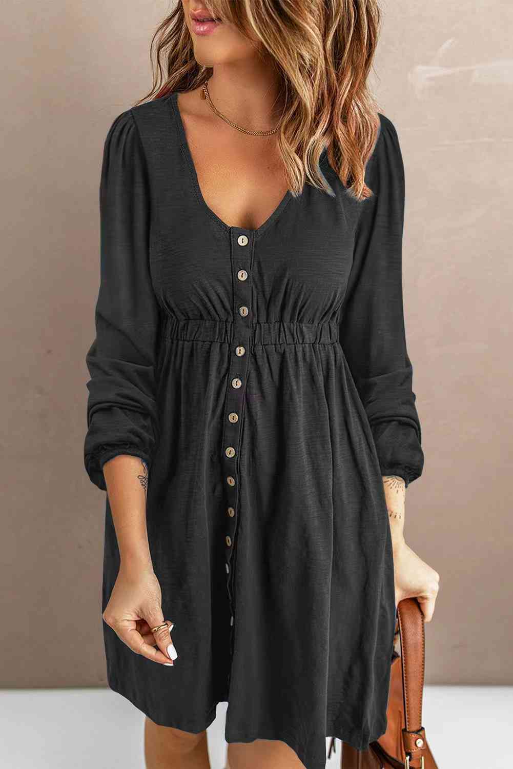 *App Exclusive* Scoop Neck Empire Waist Long Sleeve Mini Dress