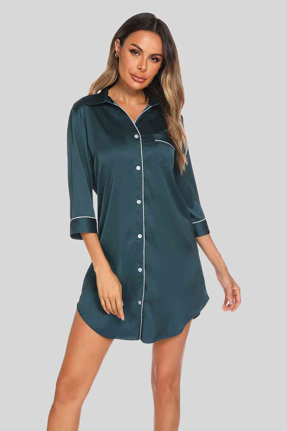 *APP EXCLUSIVE* Button Up Collared Neck Night Dress with Pocket