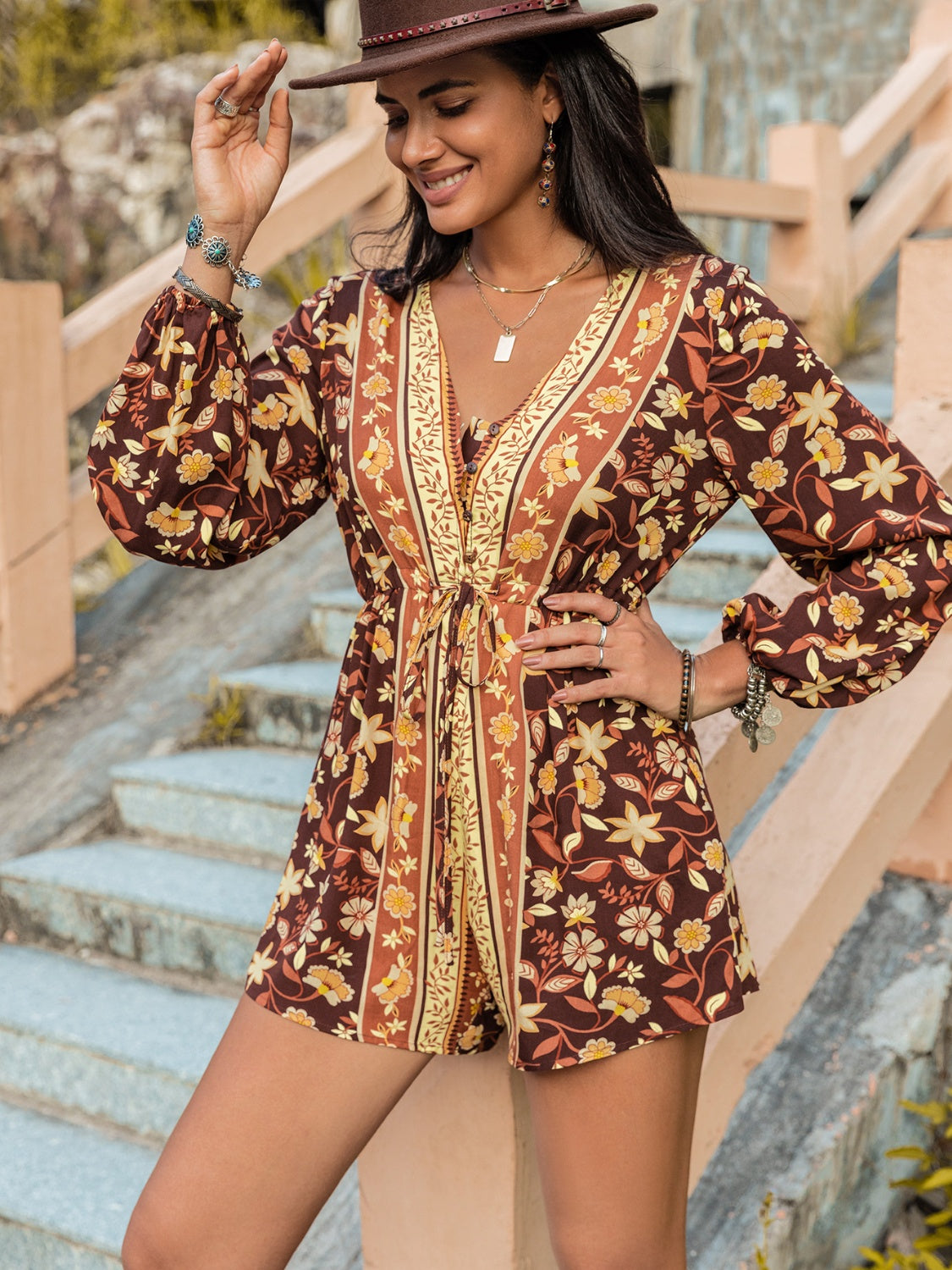 *APP EXCLUSIVE*Rustic Vneck Long Sleeve Romper
