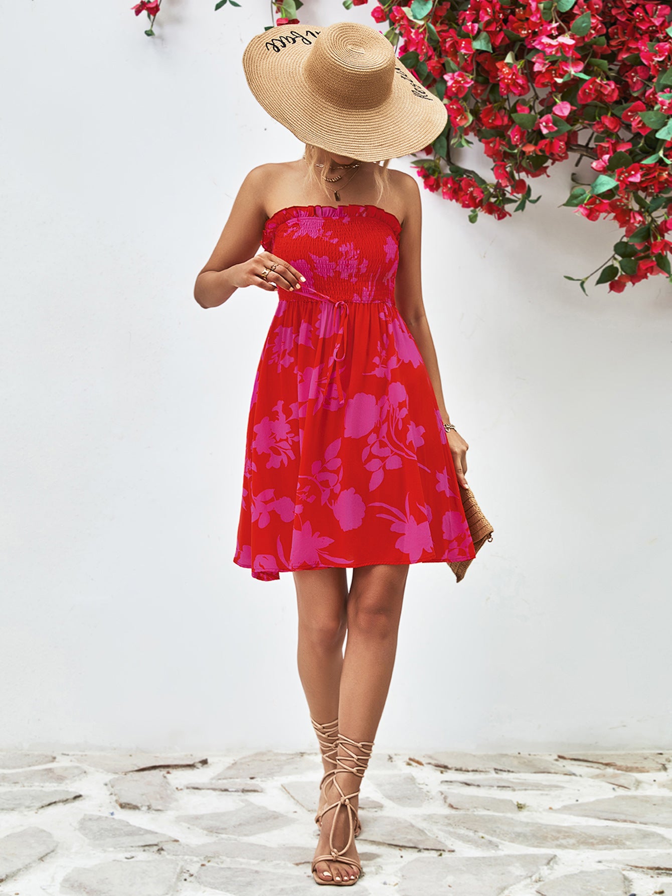 *APP EXCLUSIVE* Floral Frill Trim Strapless Smocked Dress