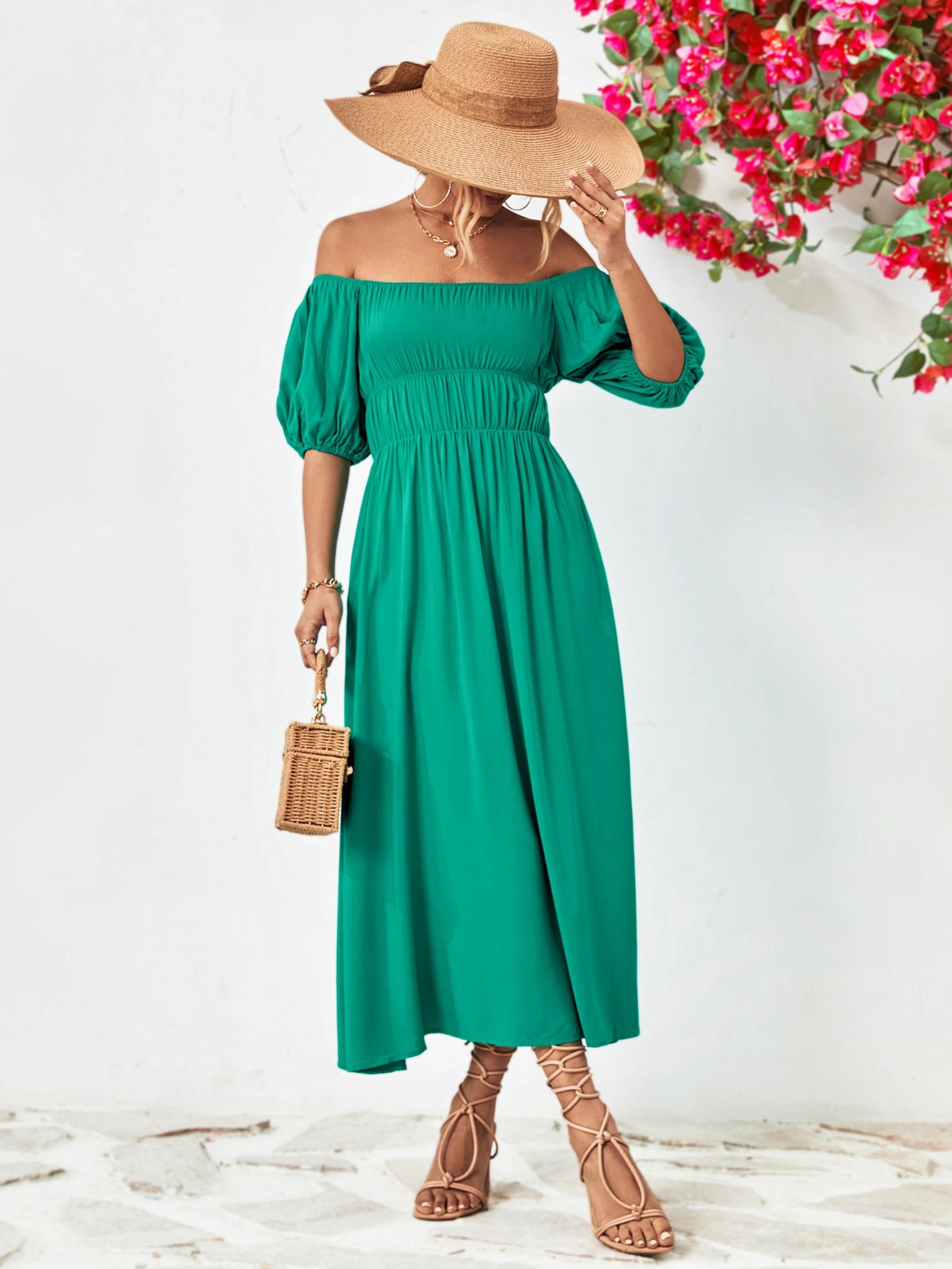 *APP EXCLUSIVE* Off-Shoulder Balloon Sleeve Midi Dress