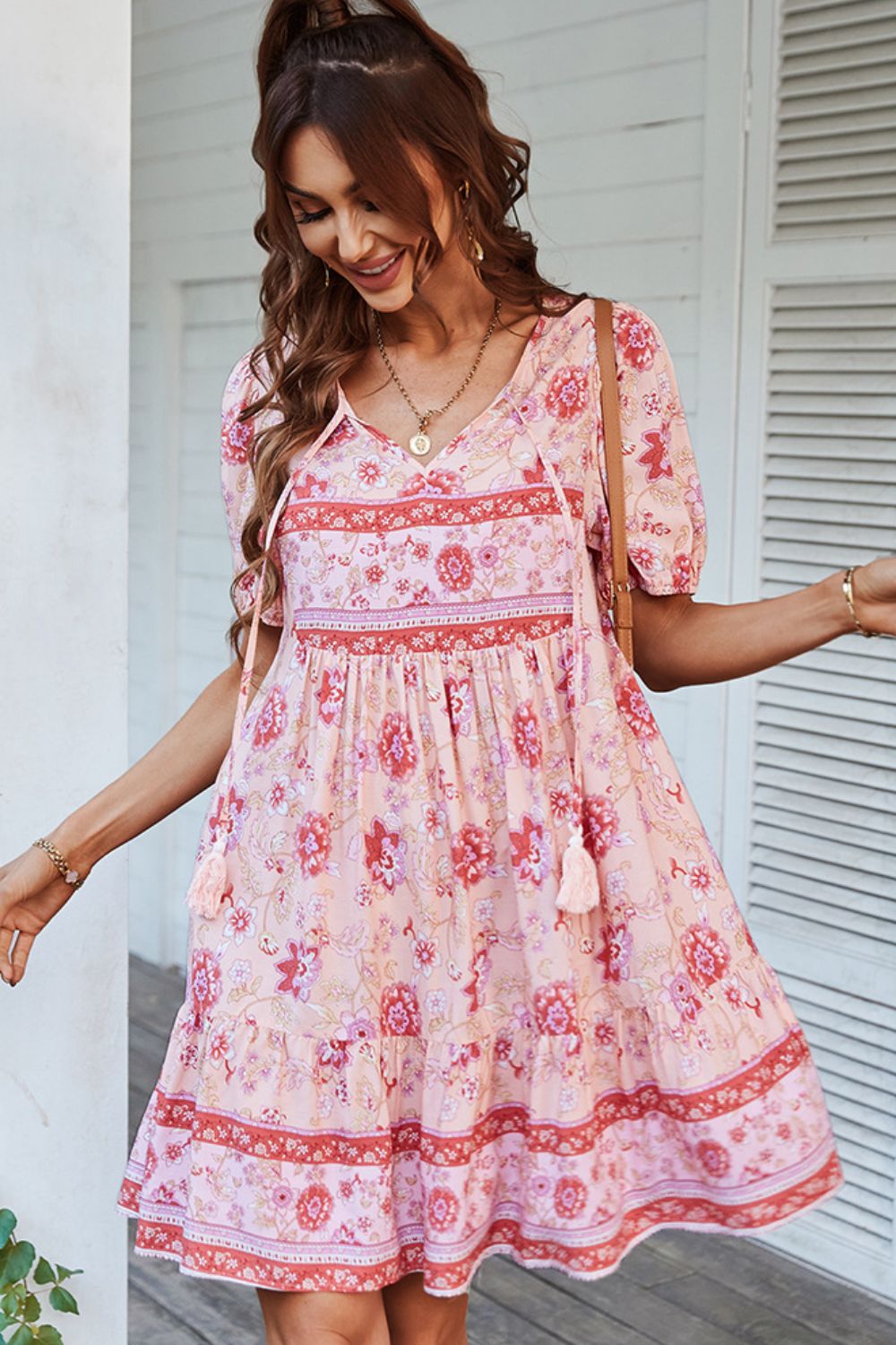 *APP EXCLUSIVE* Tie Neck Short Sleeve Mini Dress