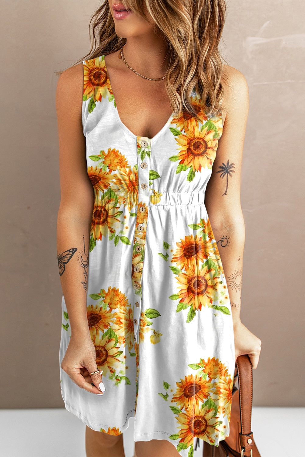 *App Exclusive* Sunflower Print Button Down Sleeveless Dress
