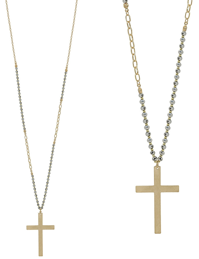 Grey Beaded Cross Necklace