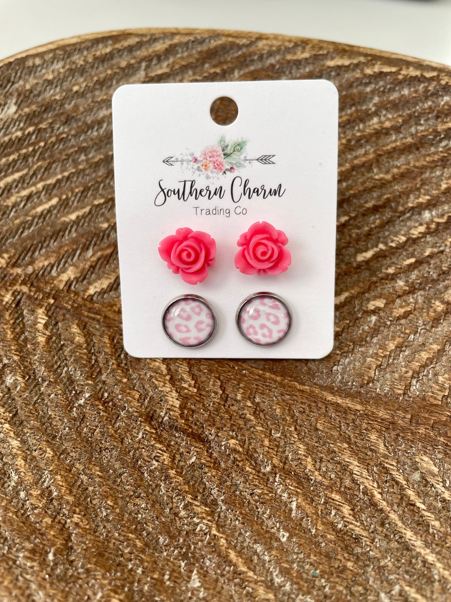 Pink Rose & Leopard Stud Set