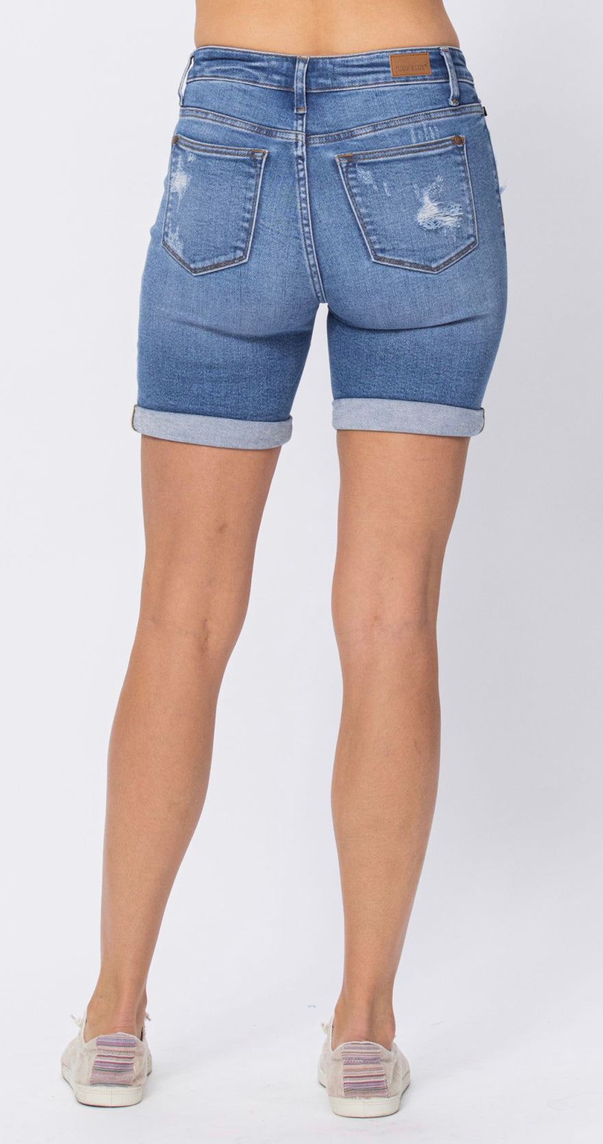 Judy Blue Mid Rise Distressed Bermuda Denim Shorts