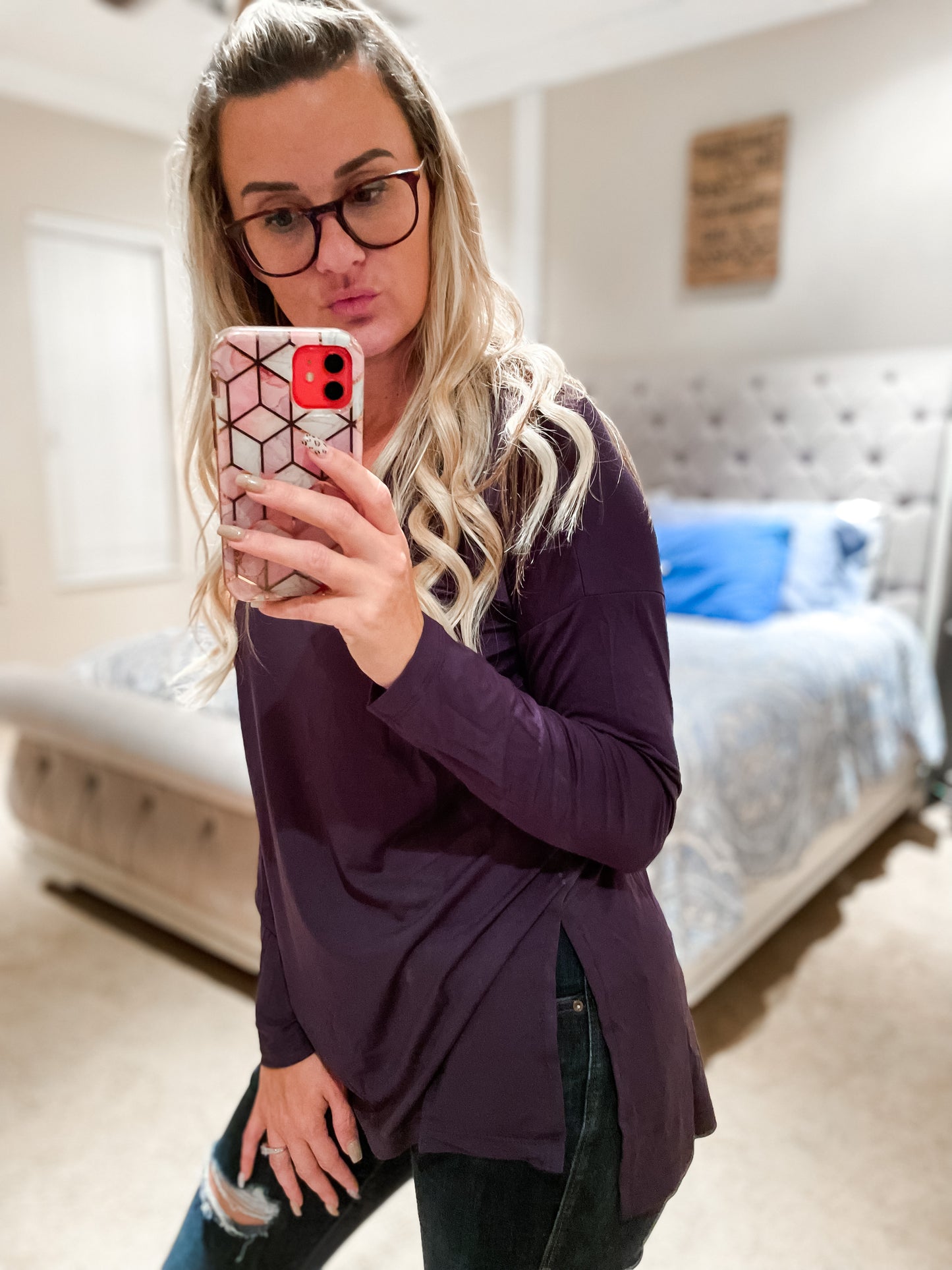 Basic Long Sleeve Vneck Solid Tee with Pocket