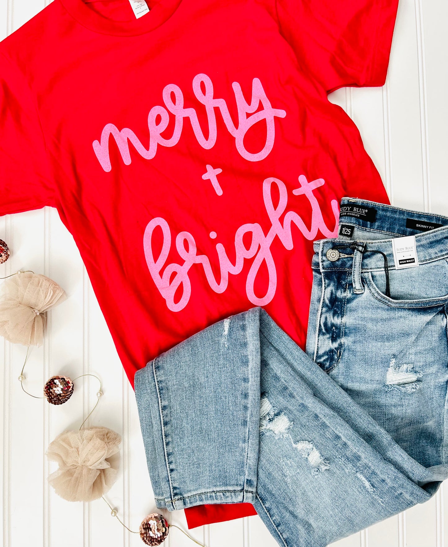 Merry & Bright Pink Christmas Tee