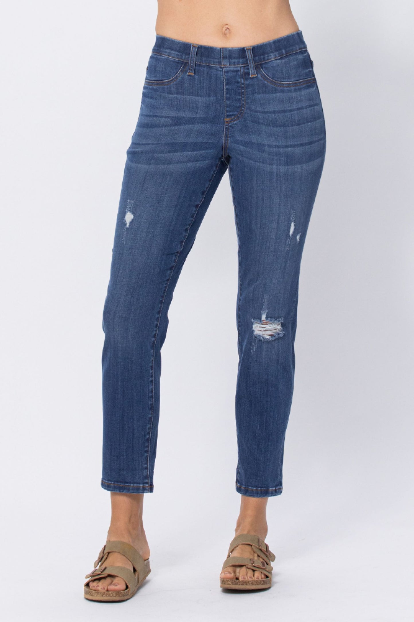 Judy Blue Distressed Boyfriend Pull-on Jeans