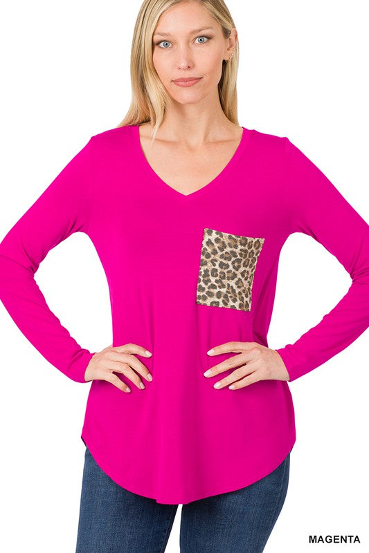 Vneck Leopard Pocket Long Sleeve Top