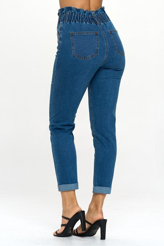 Paperbag Smocked Waist Buttonfly Denim Jeans