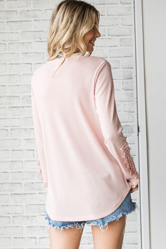 Waffle Knit Lace Sleeve Top