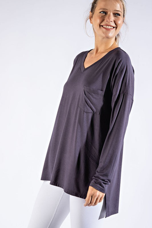 Basic Long Sleeve Vneck Solid Tee with Pocket