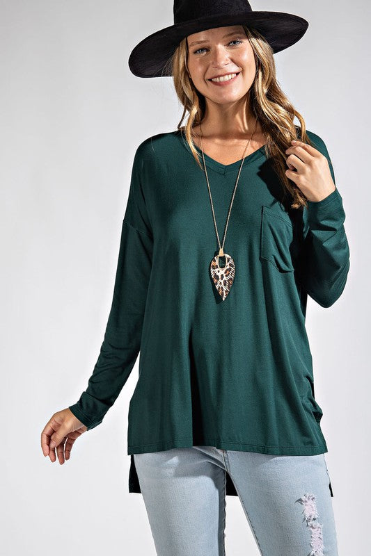Basic Long Sleeve Vneck Solid Tee with Pocket