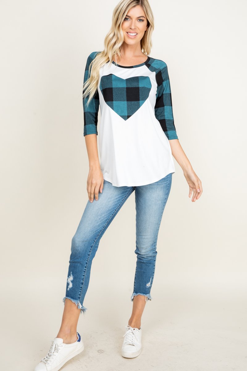 Teal Plaid Heart Raglan Tee