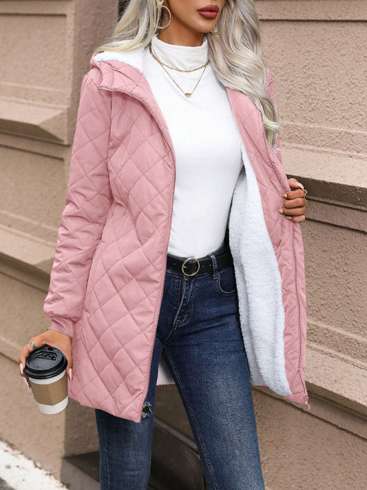 Quilted Zip Up Sherpa Lined Hooded Jacket with Pockets