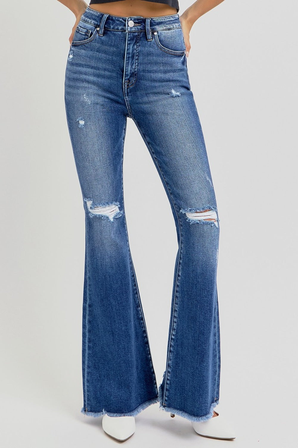 RISEN Distressed Raw Hem Flare Jeans