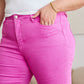 Pink Cropped Tummy Control High Waist Raw Hem Jeans