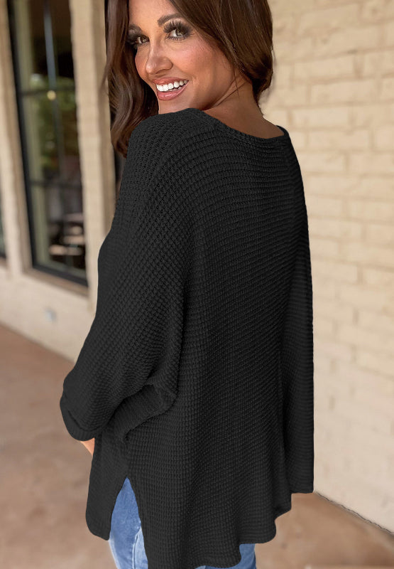 Waffleknit Side Slit Vneck Long Sleeve Top
