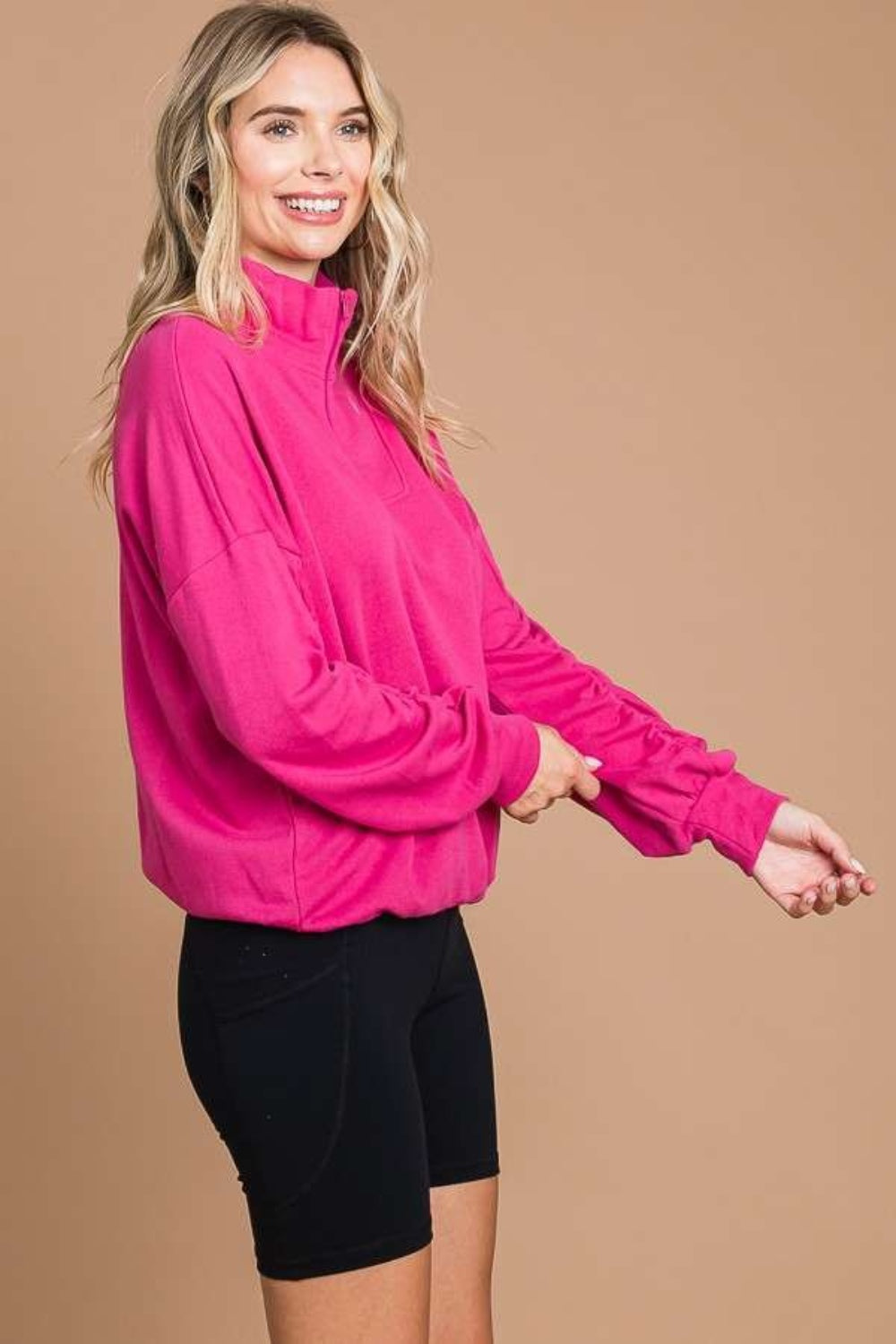 Hot Pink Half Zip Long Sleeve Sweatshirt