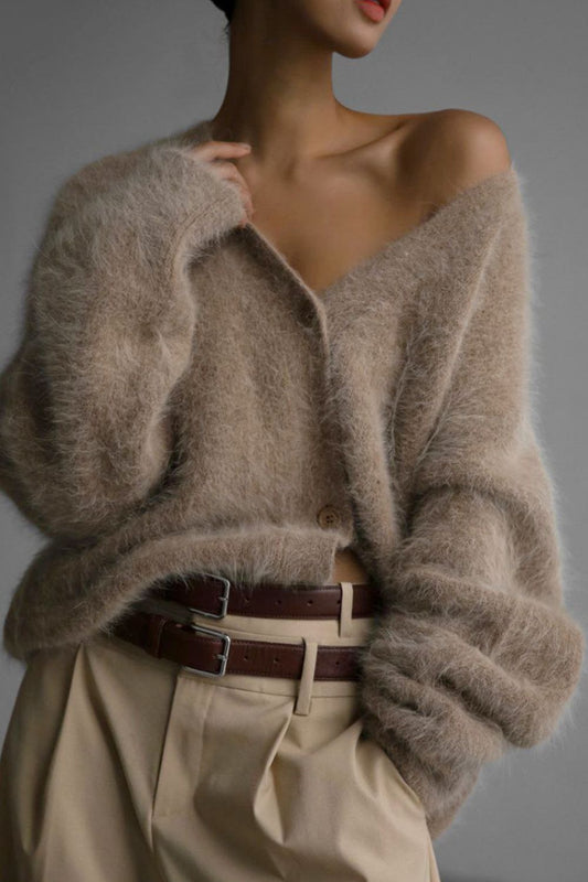 Fuzzy Button Long Sleeve Cardigan