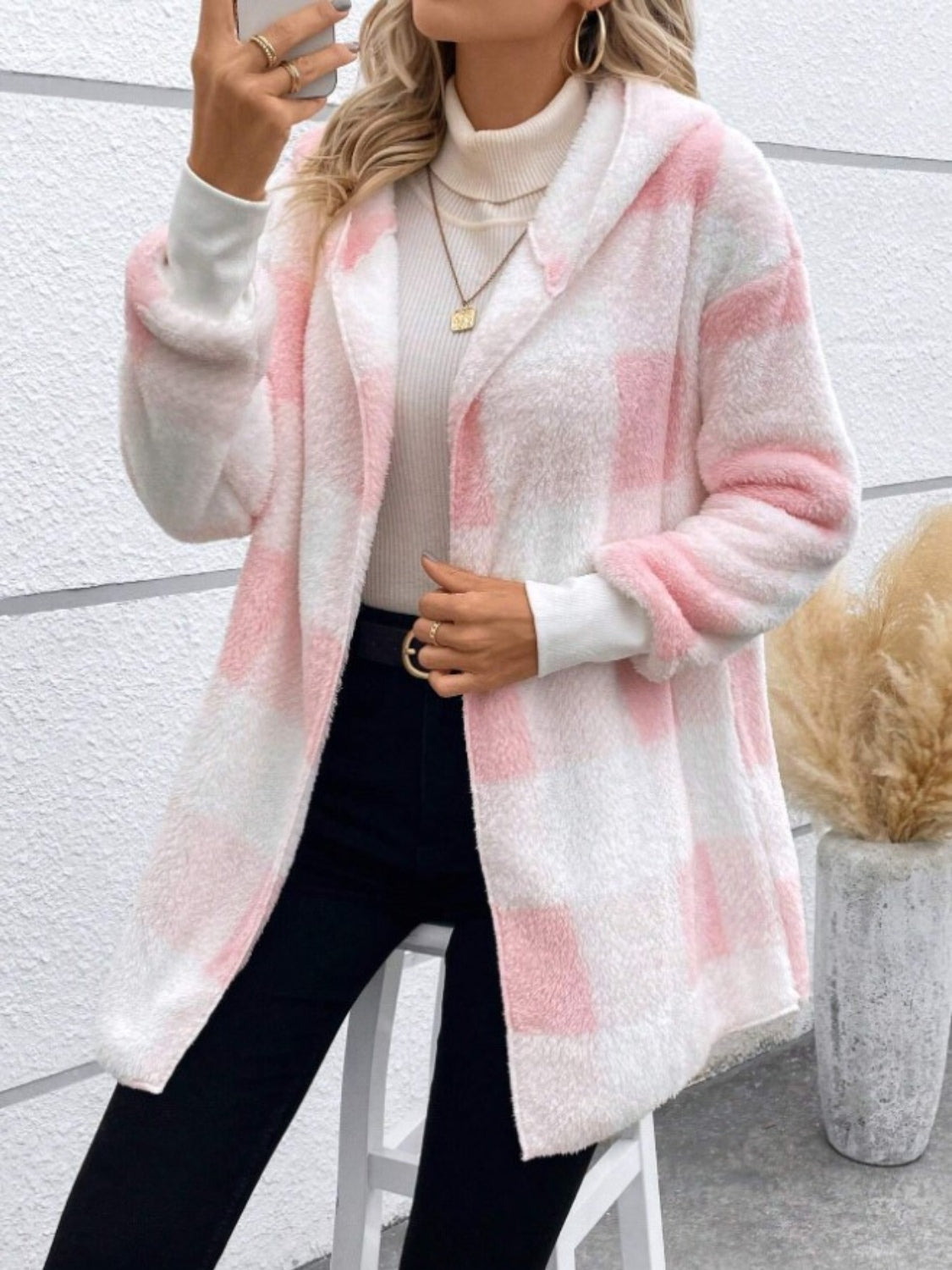 Plaid Hooded Sherpa Teddy Jacket