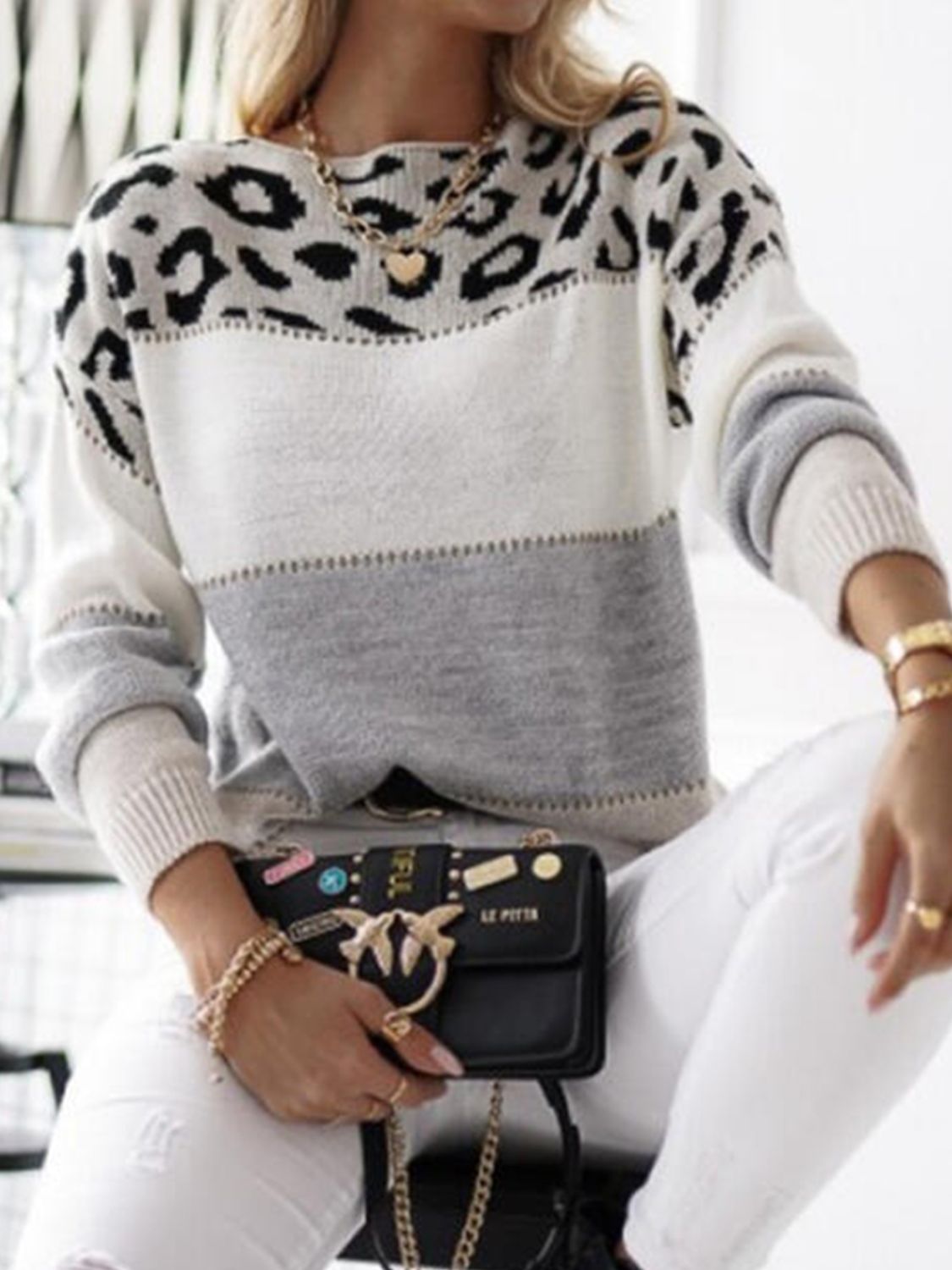 Leopard Colorblock Round Neck Long Sleeve Sweater