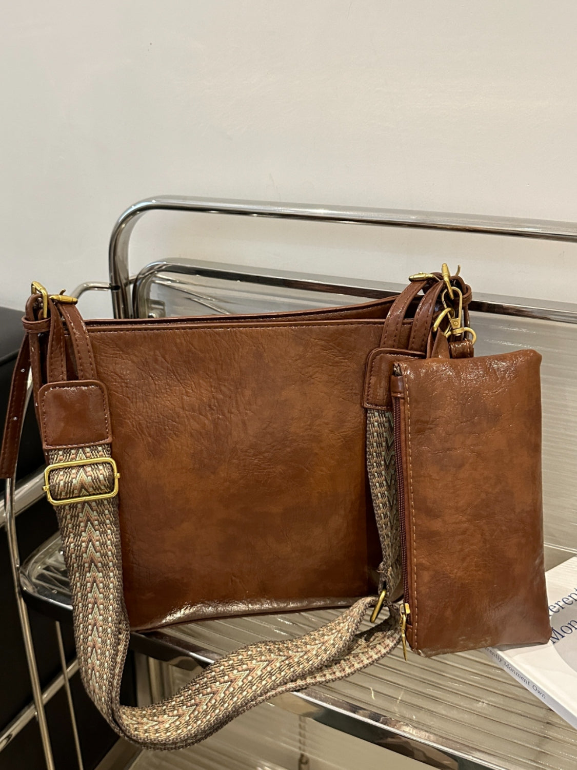 Faux Leather Adjustable Strap Crossbody Bag with Wallet