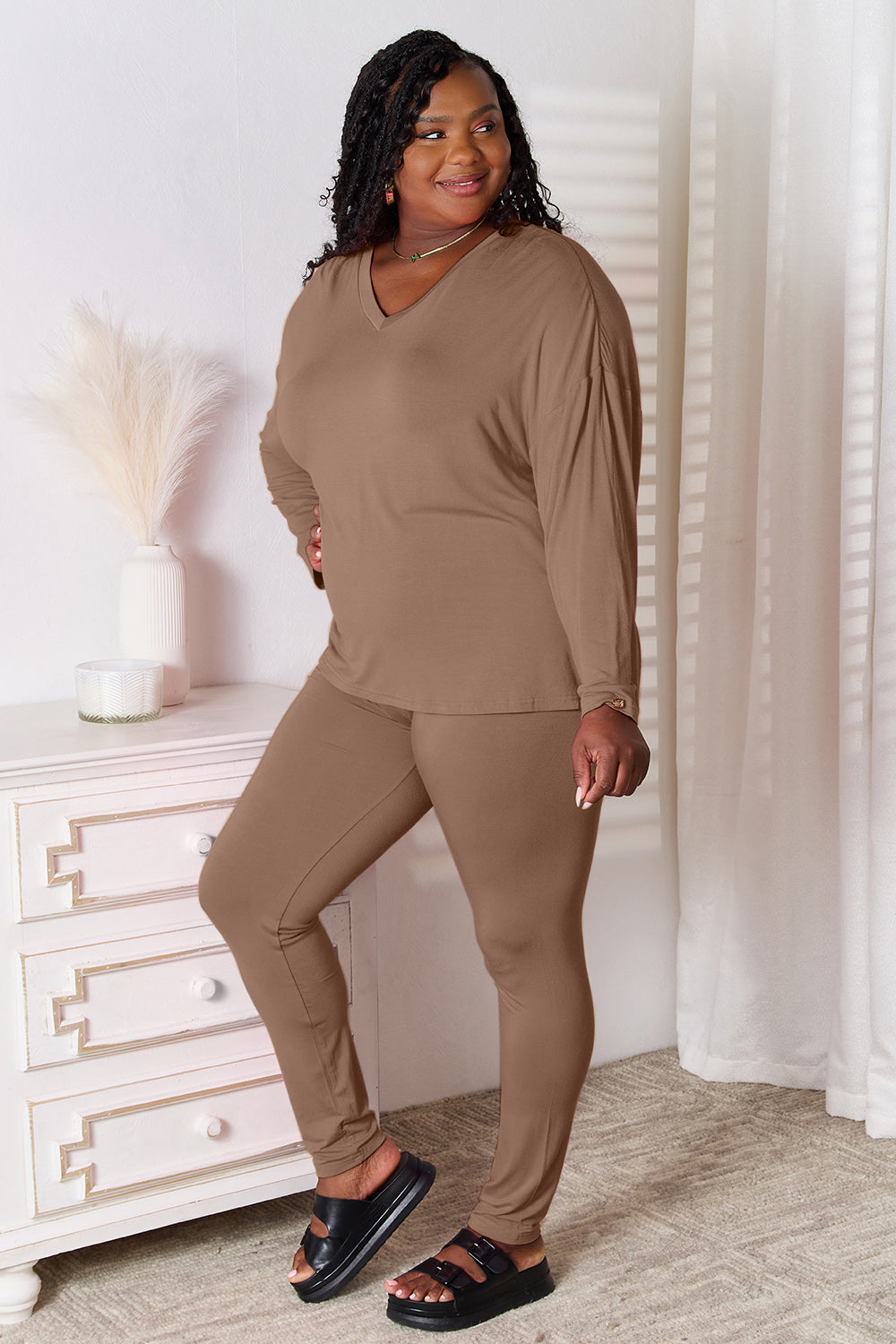 Oversized Vneck Soft Rayon Long Sleeve Top and Leggings Set