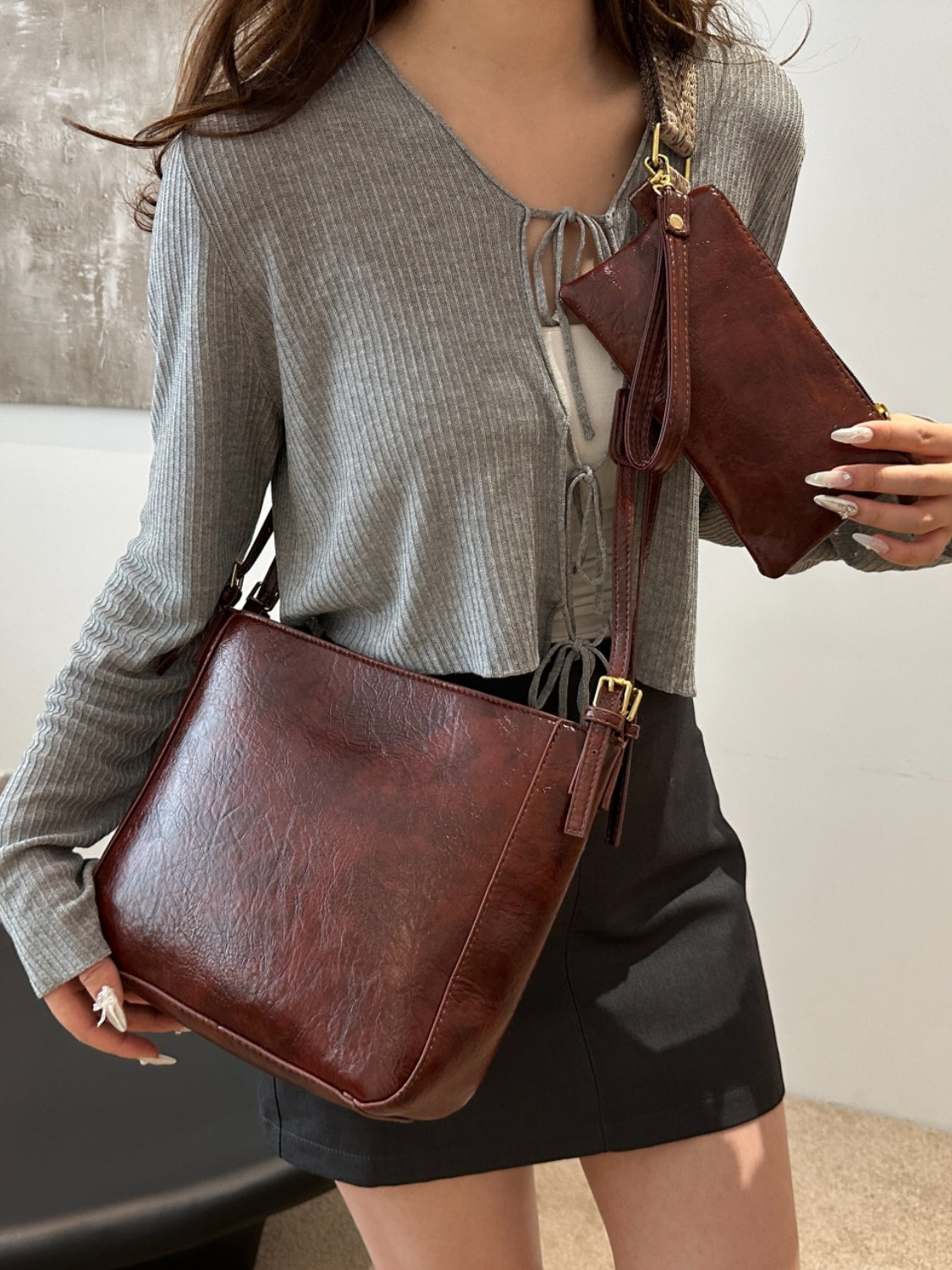 Faux Leather Adjustable Strap Crossbody Bag with Wallet