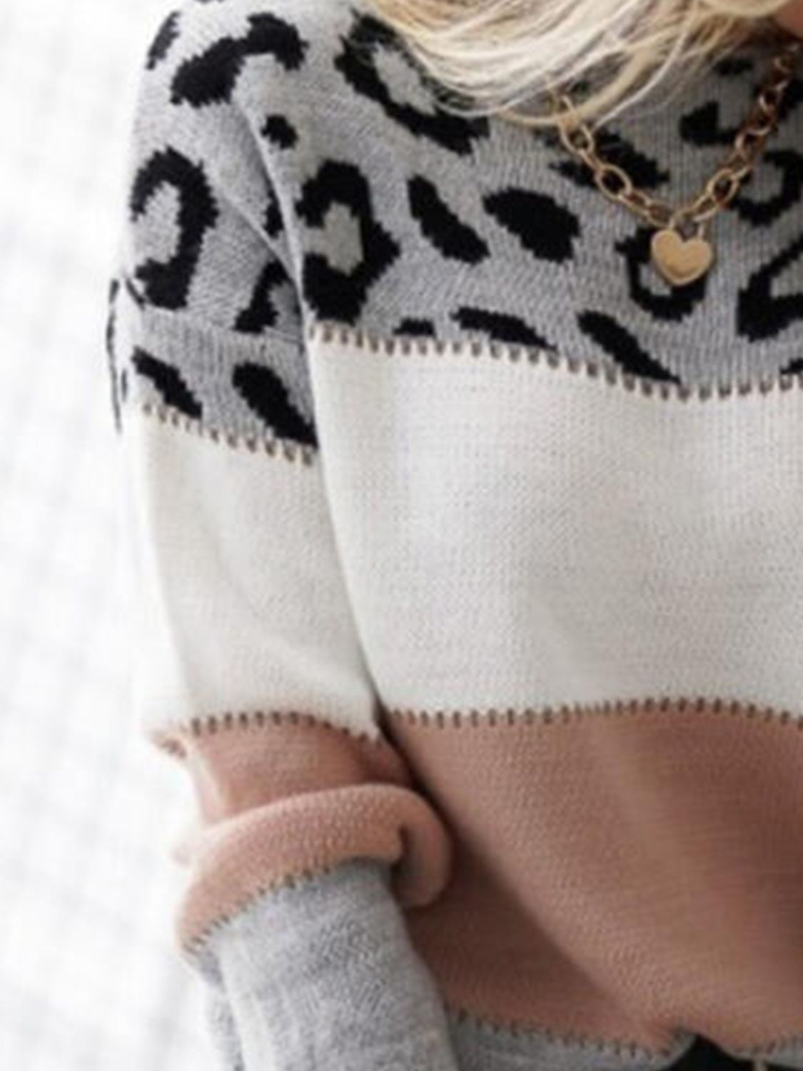 Leopard Colorblock Round Neck Long Sleeve Sweater