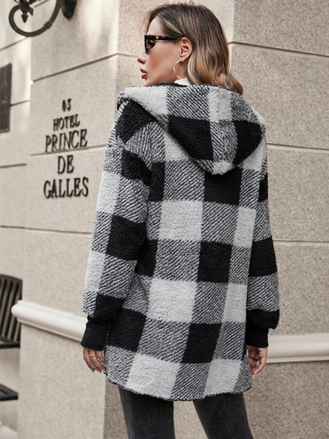 Plaid Hooded Sherpa Teddy Jacket