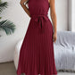 Halter Pleated Tie Waist Sleeveless Midi Dress