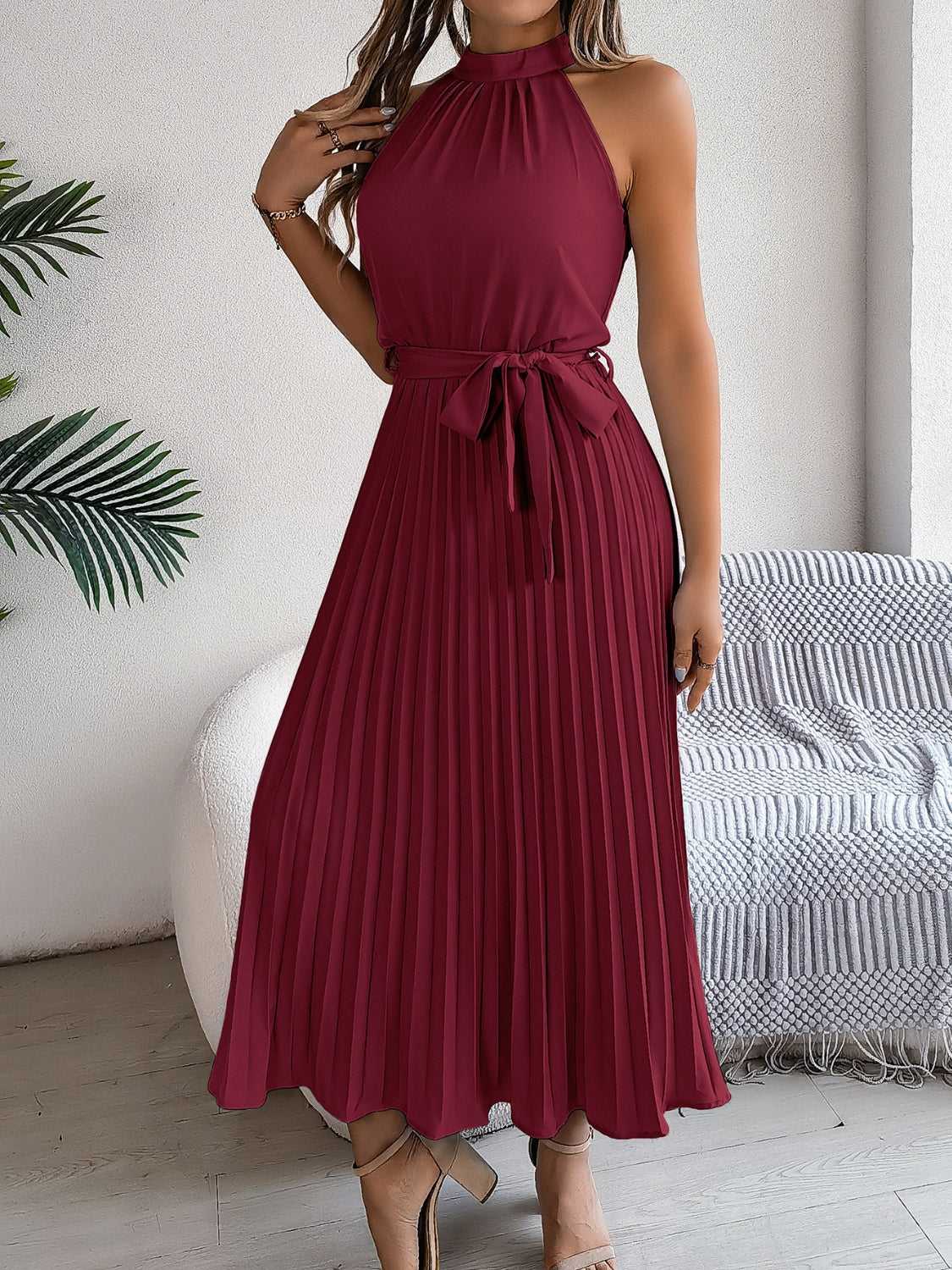 Halter Pleated Tie Waist Sleeveless Midi Dress
