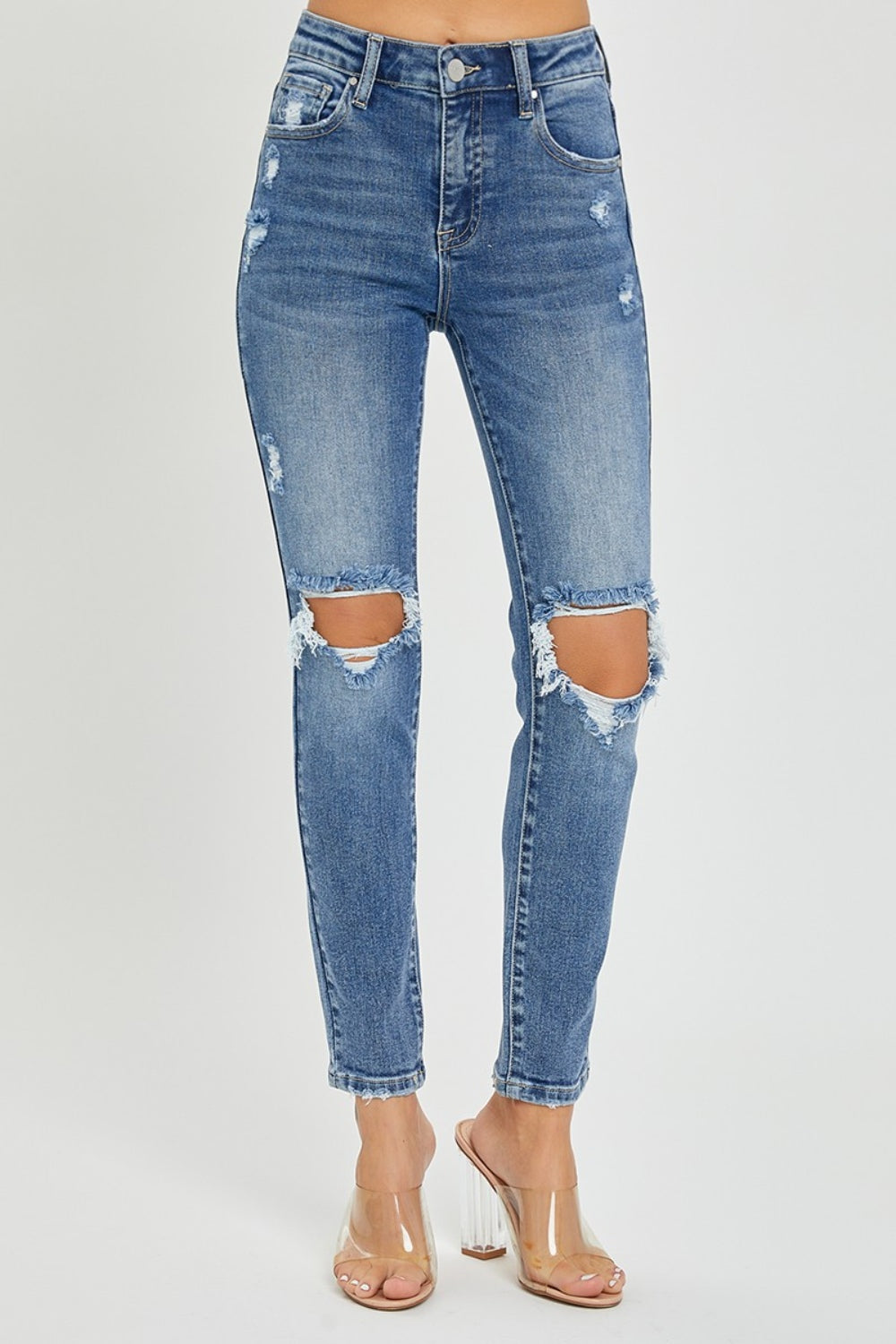 Risen Knee Distressed Skinny Jeans