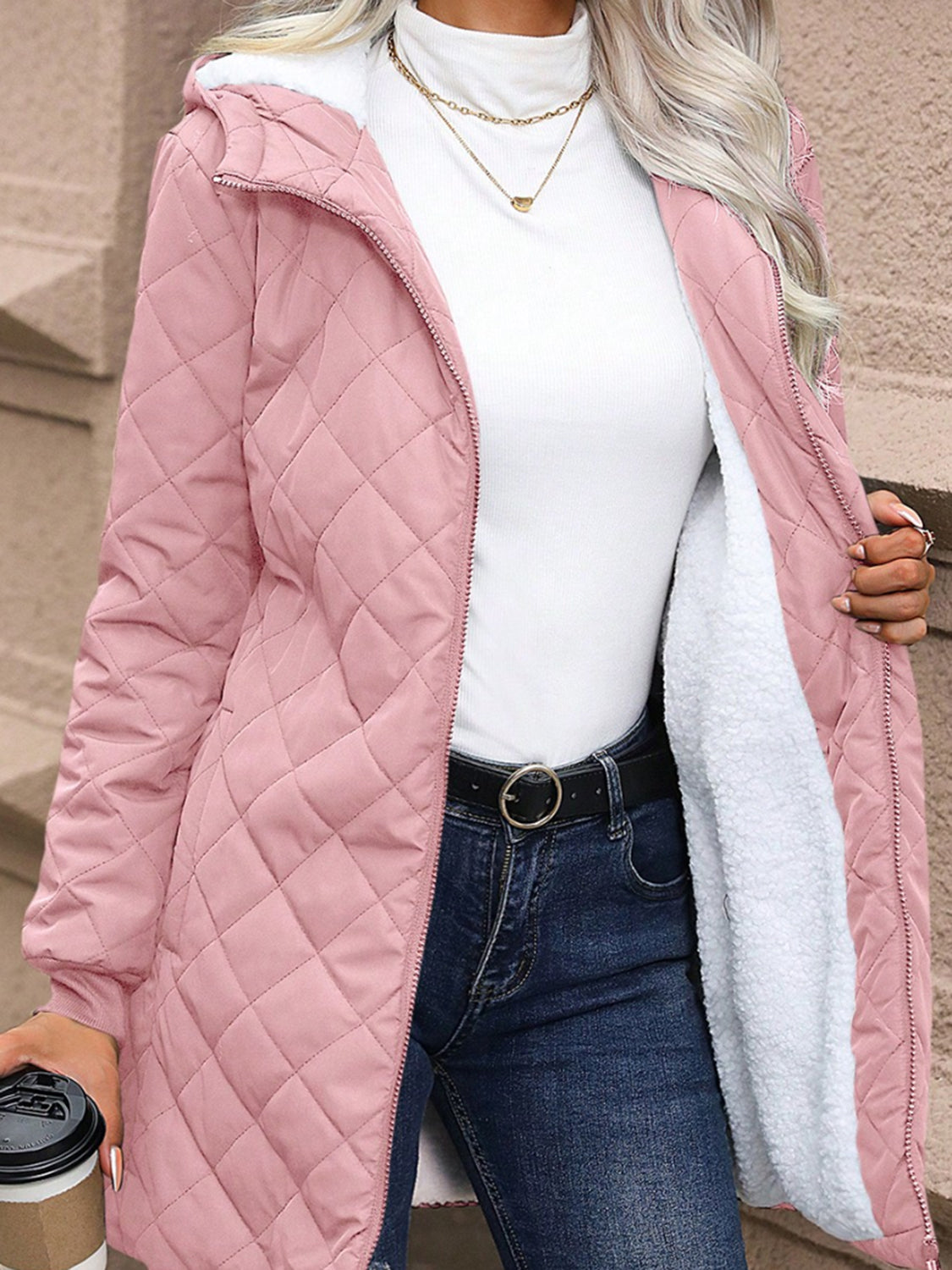 Quilted Zip Up Sherpa Lined Hooded Jacket with Pockets