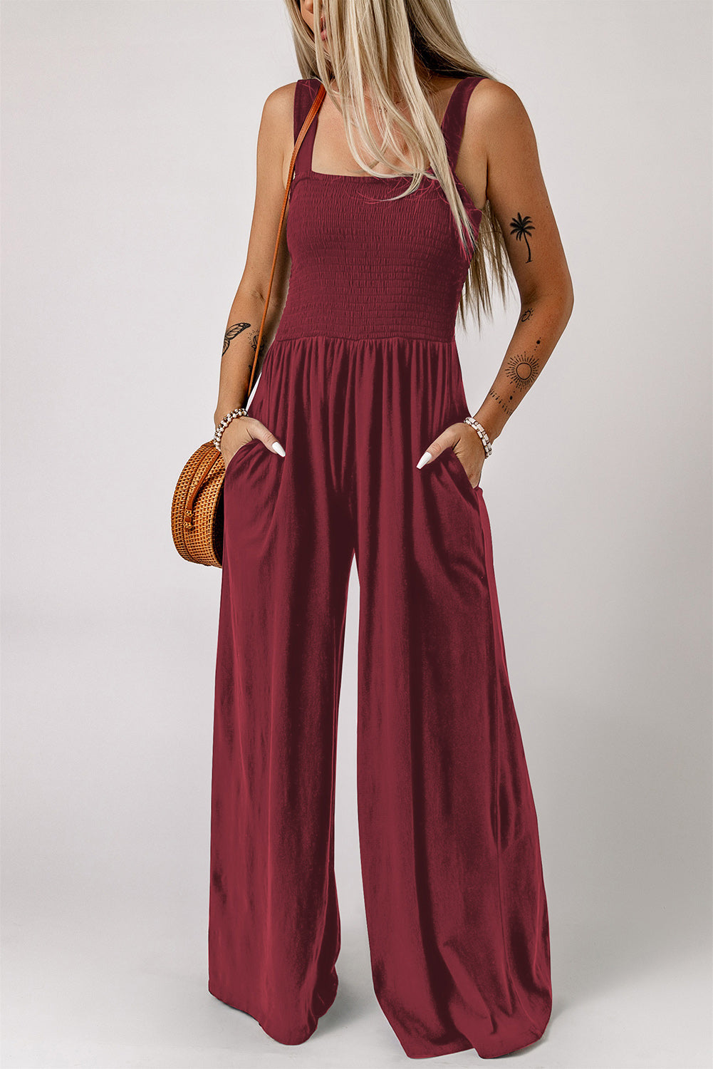 *APP EXCLUSIVE* Smocked Square Neck Wide Leg Jumpsuit with Pockets