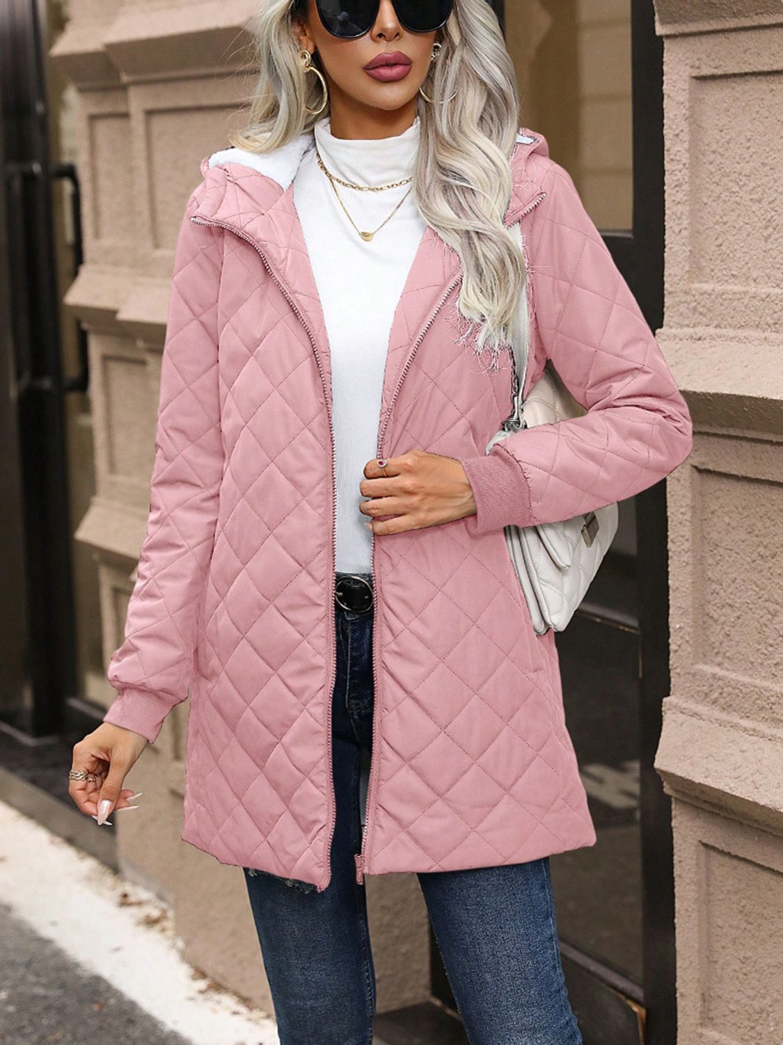 Quilted Zip Up Sherpa Lined Hooded Jacket with Pockets