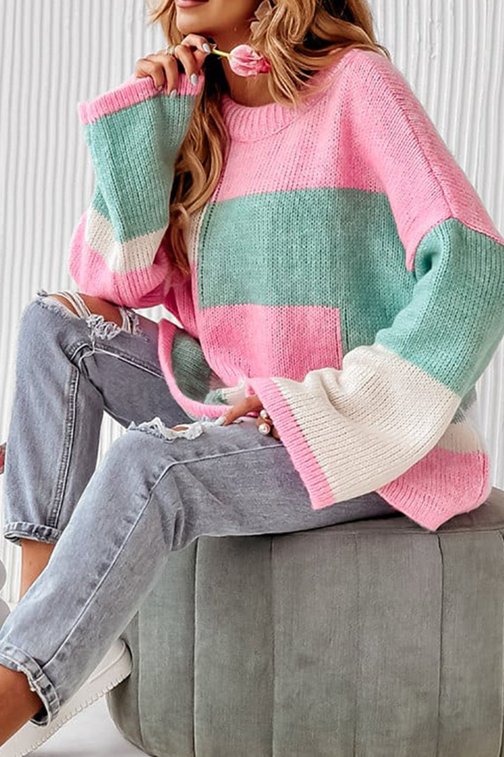 Colorblock Round Neck Drop Shoulder Sweater