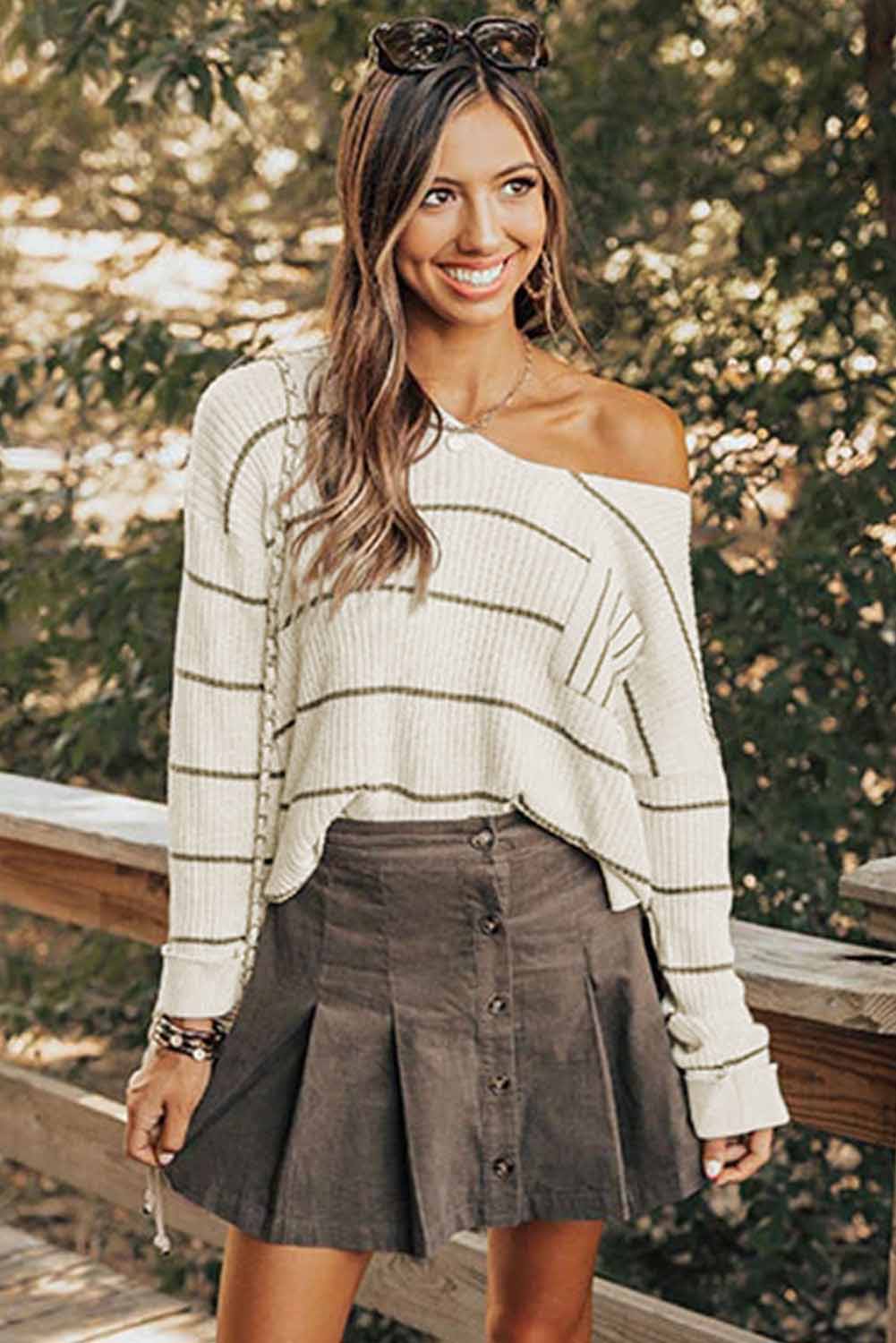 Striped Vneck Drop Shoulder Sweater