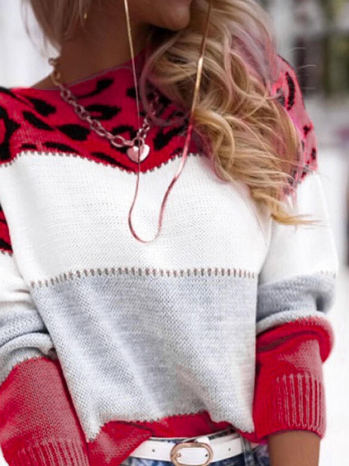 Leopard Colorblock Round Neck Long Sleeve Sweater