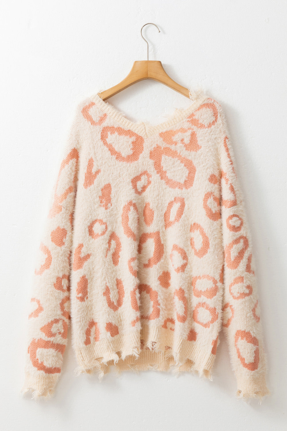 Distressed Trim Leopard Vneck Sweater