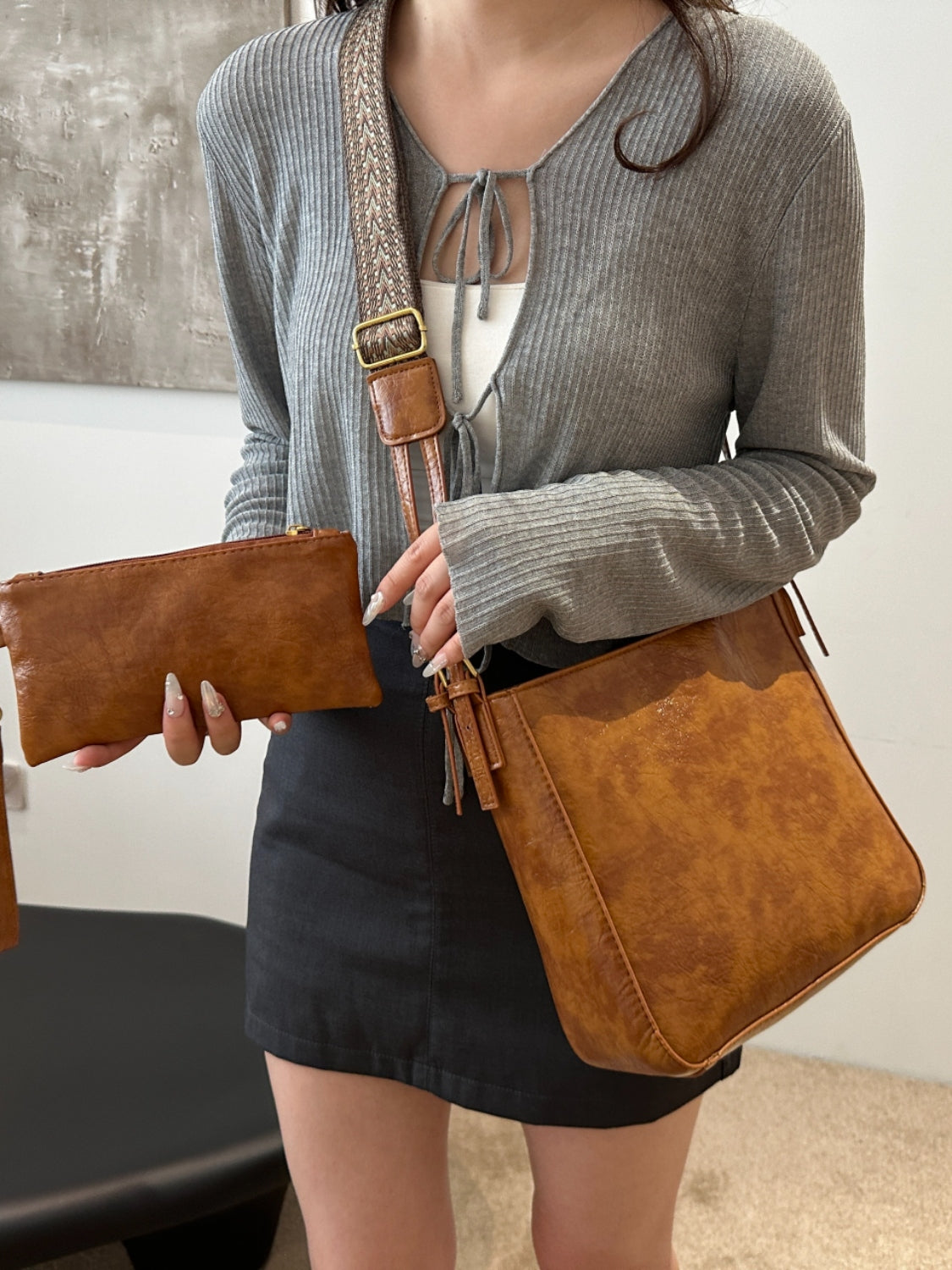 Faux Leather Adjustable Strap Crossbody Bag with Wallet