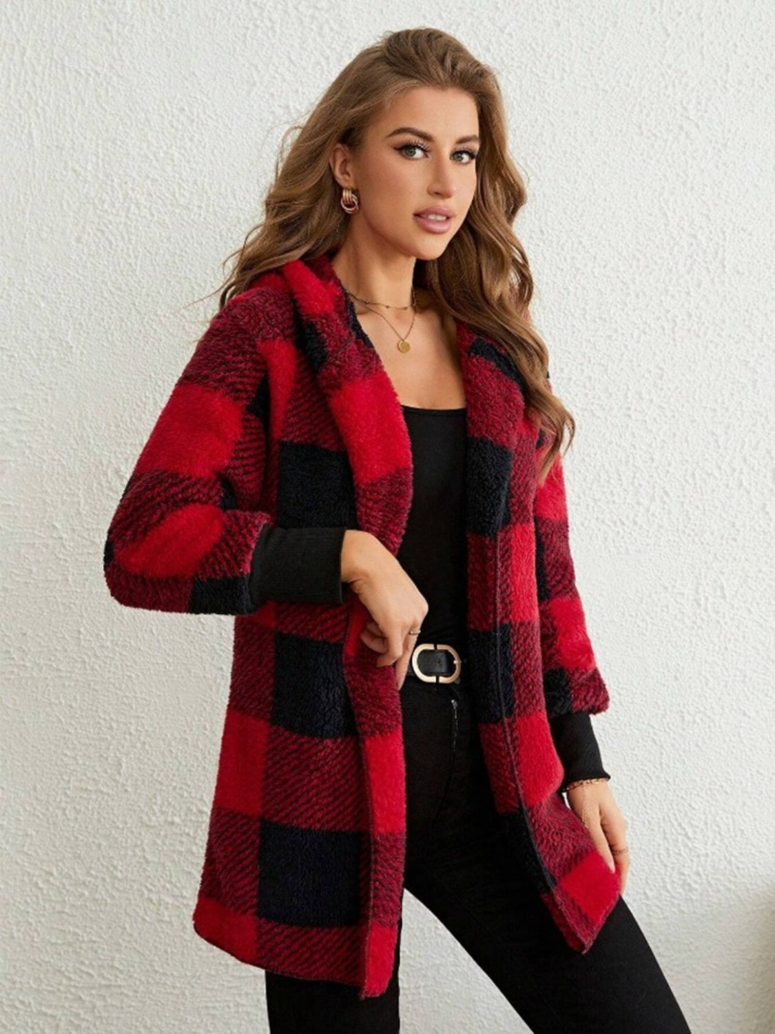 Plaid Hooded Sherpa Teddy Jacket