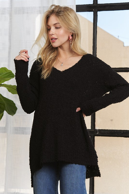 High-Low Side Slit Vneck Sweater
